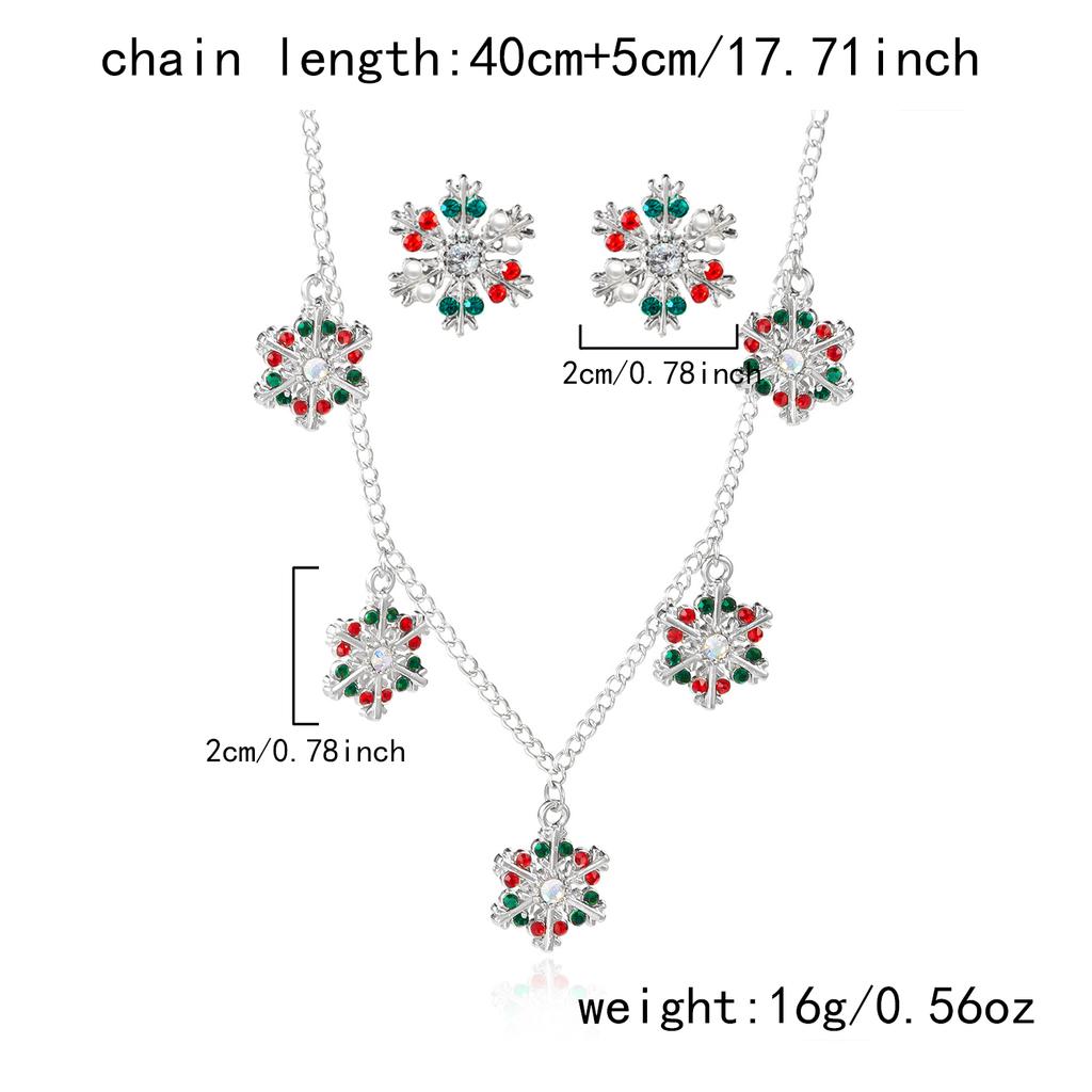 Christmas Imitation Pearl Colorful Rhinestone Snowflake Earrings Necklace for Women Exquisite Flower Jewelry Set New Year Gifts
