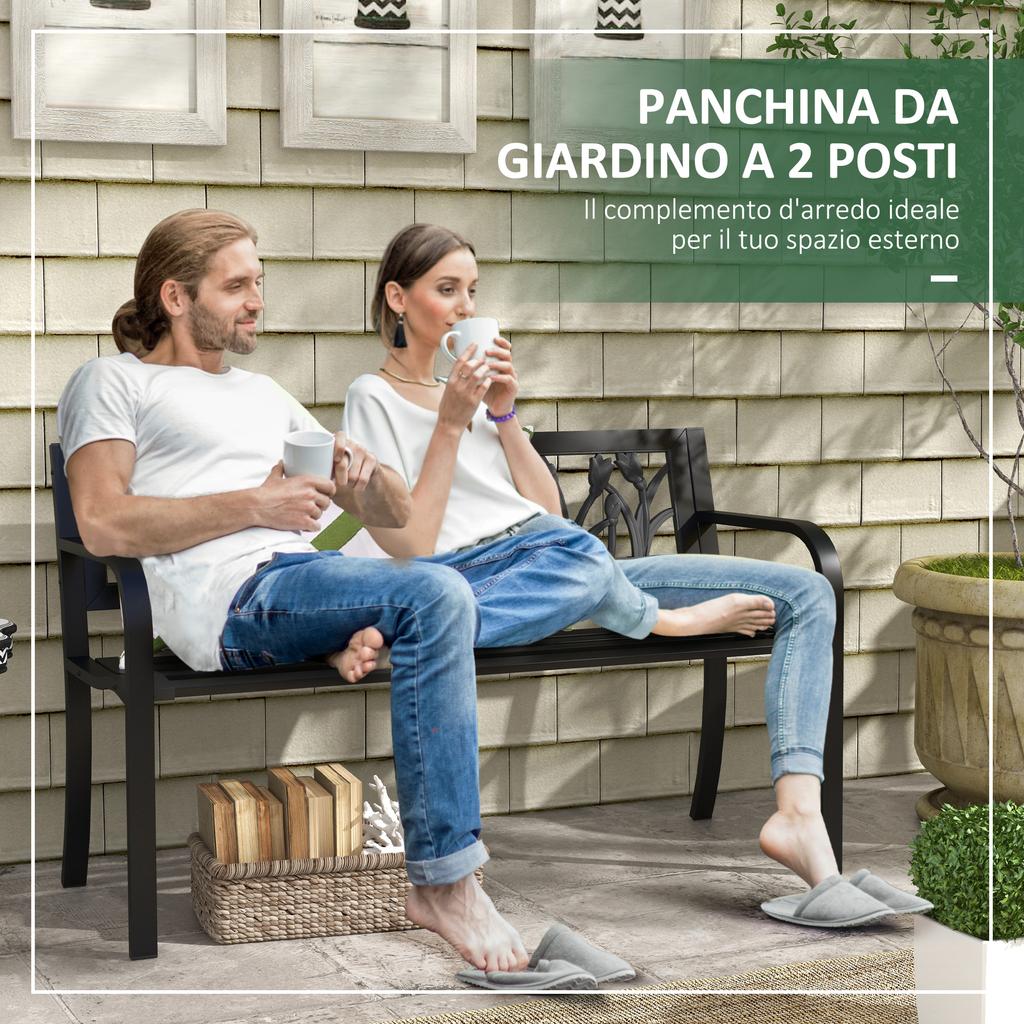 2-Seater Garden Bench in Steel with Decorated Backrest and Armrests, 125x50x75cm, Black