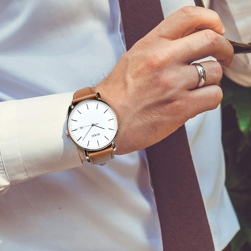 BUREI Men's Simple Analog Watch Waterproof Quartz Business Date Rose Gold White Stylish Slim Wristwatch