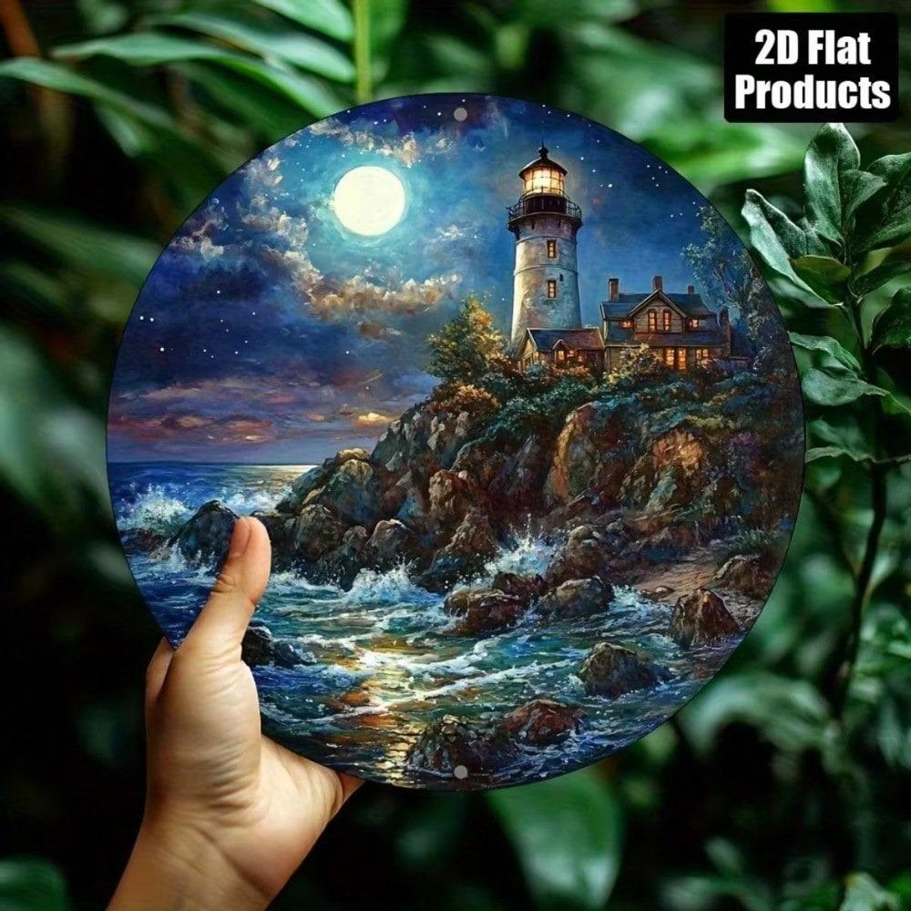 Vintage Coastal Lighthouse Moon Rustic Metal Wall Art Round Sign Home Decor
