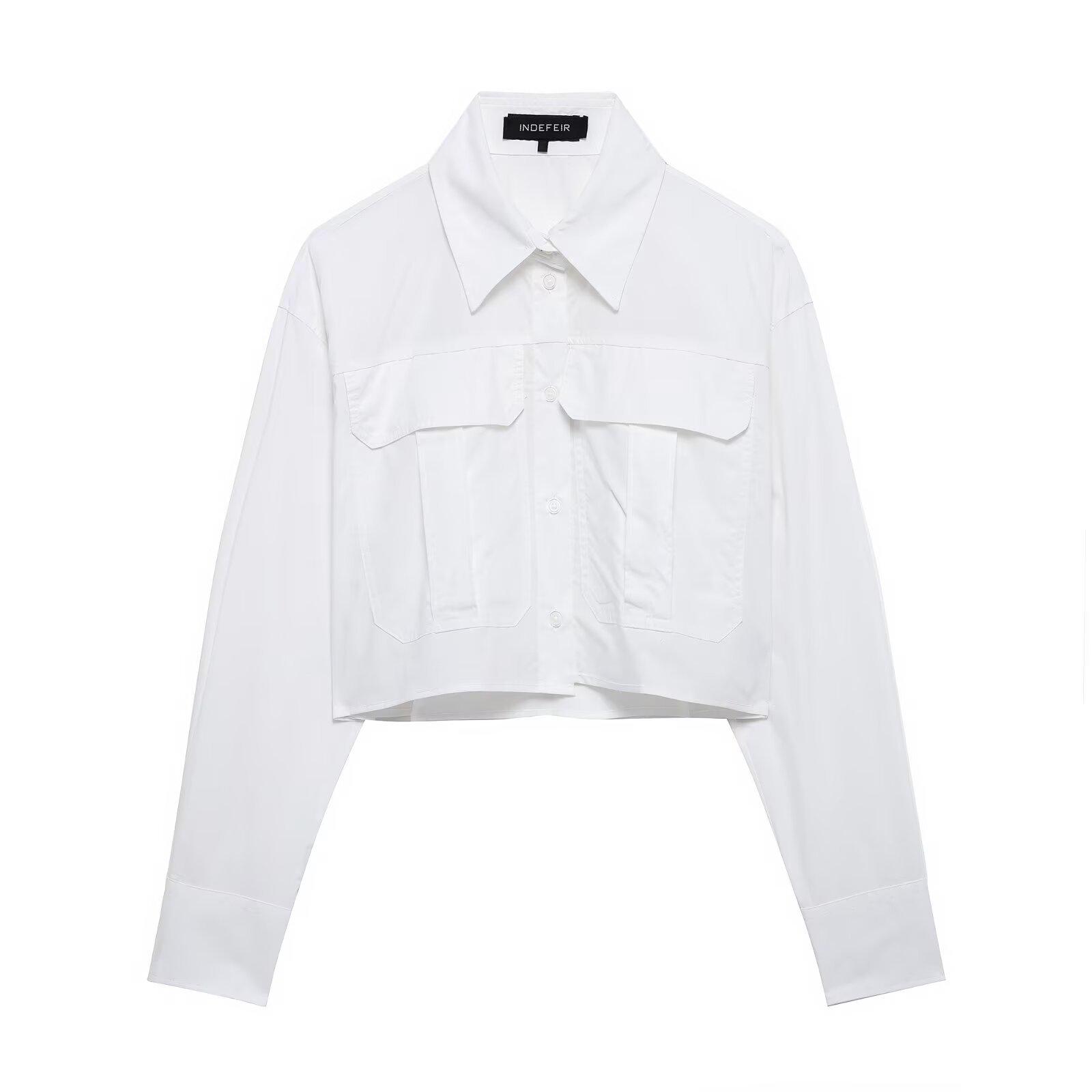 

2025 Весна Женская Разноцветная Поплин Хлопок Длинный Рукав Короткая Рубашка, Европейский и Американский Стиль. Large белый