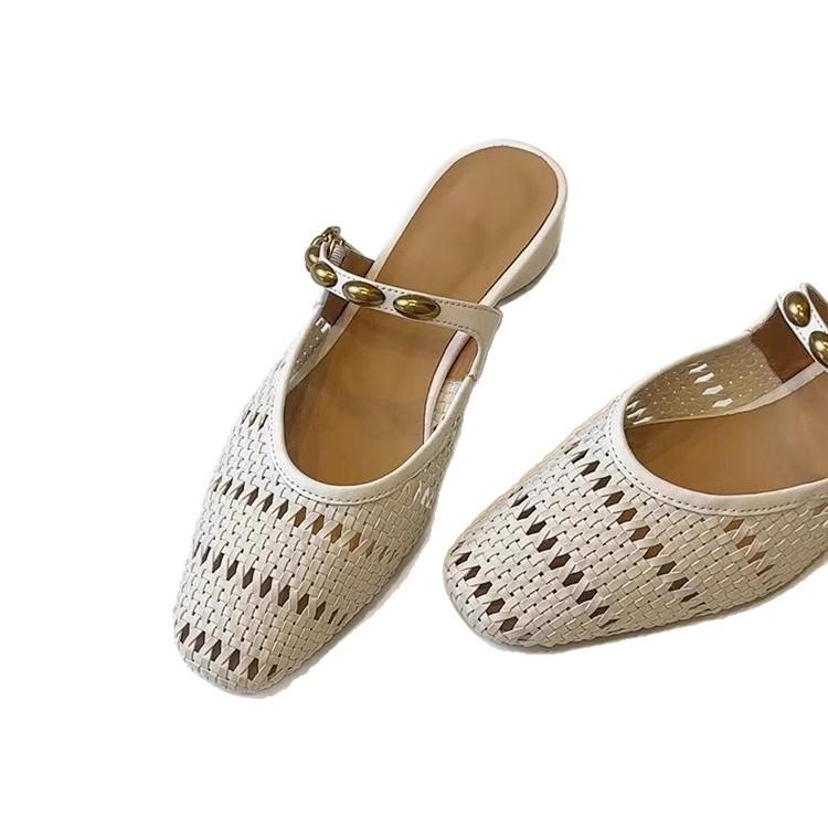 Self-kept version~ Gentle and versatile low-heeled woven toe shoes women's French metal one-word belt hollow and breathable, half slippers
