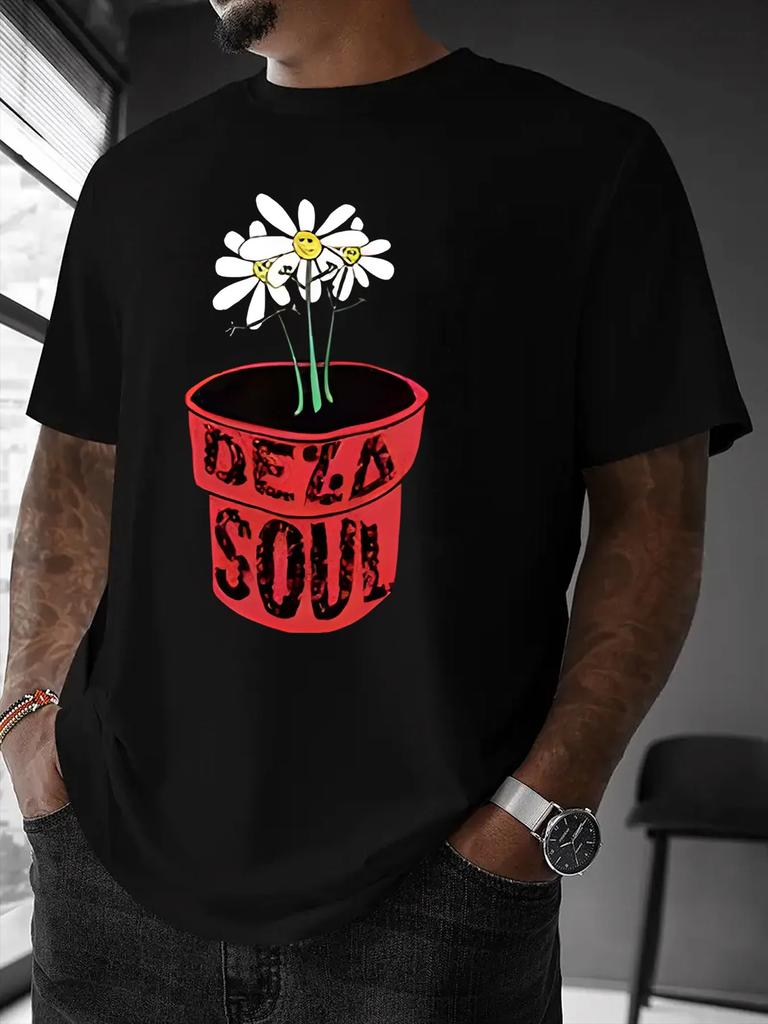 Mens Casual Graphic Tee Daisy Plant DEZA SOUL Print Short Sleeve TShirt Unisex Streetwear Style Blend Summer Casual Attire