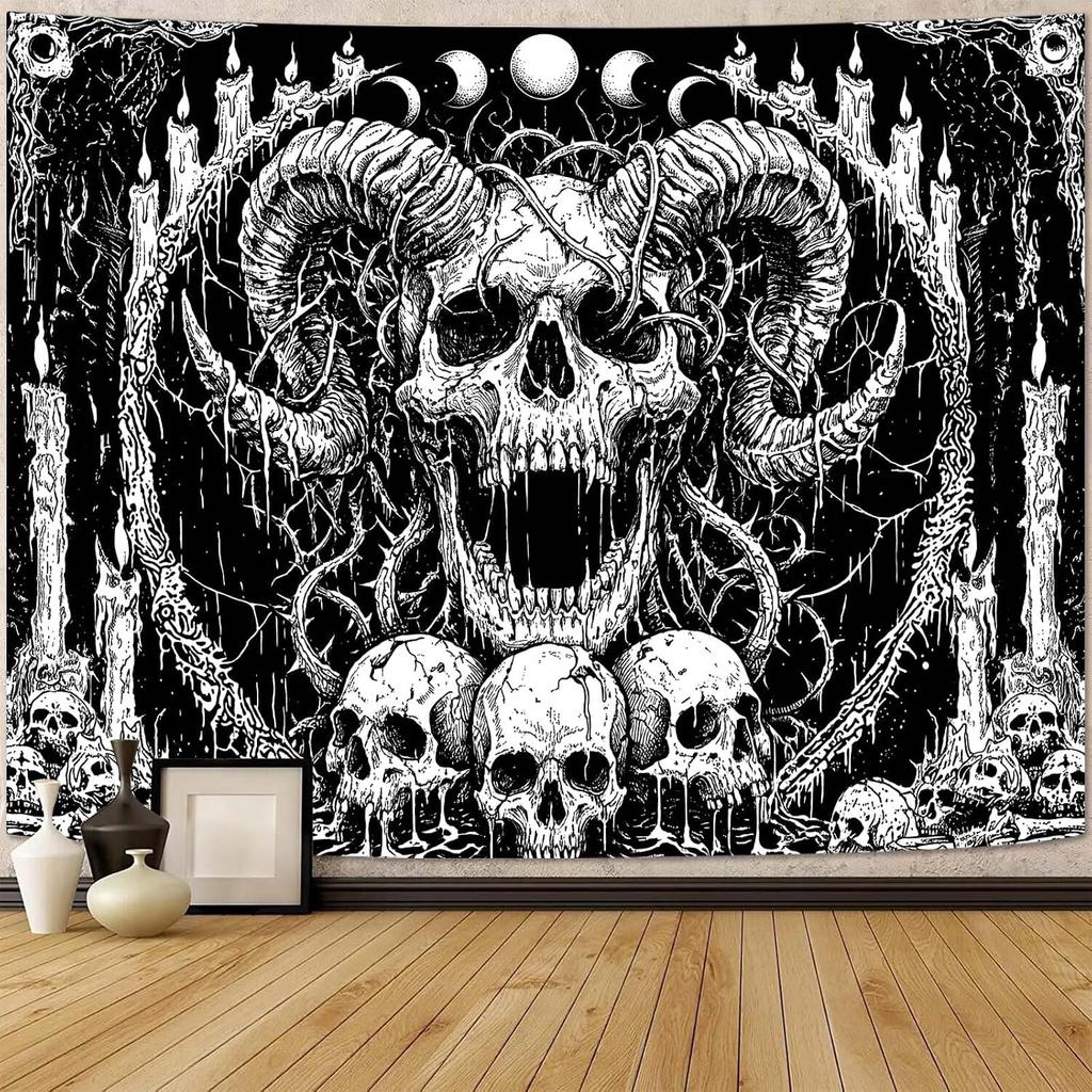 Gruaoihy Gothic Skull Tapestry Horror Moon Phase Dark Death Wall Art for Bedroom Grunge Room Decor Black and White 60x80 Inches