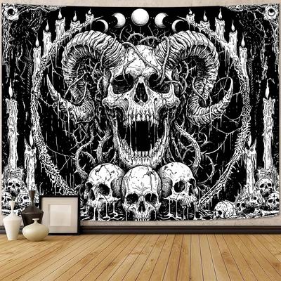 Gruaoihy Gothic Skull Tapestry Horror Moon Phase Dark Death Wall Art for Bedroom Grunge Room Decor Black and White 60x80 Inches