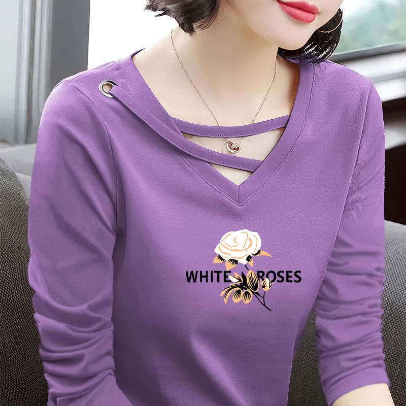2025 Spring & Autumn Pure Cotton V-Neck Printed Long Sleeve Plus Size T-Shirt for Middle-Aged Women, Age-Reducing & Slimming Design.
