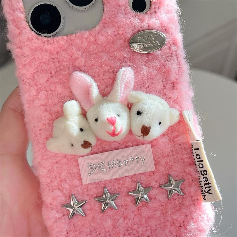 Lambswool Plush Bear and Rabbit Head Case for iPhone 17/16 Pro Max/15/14