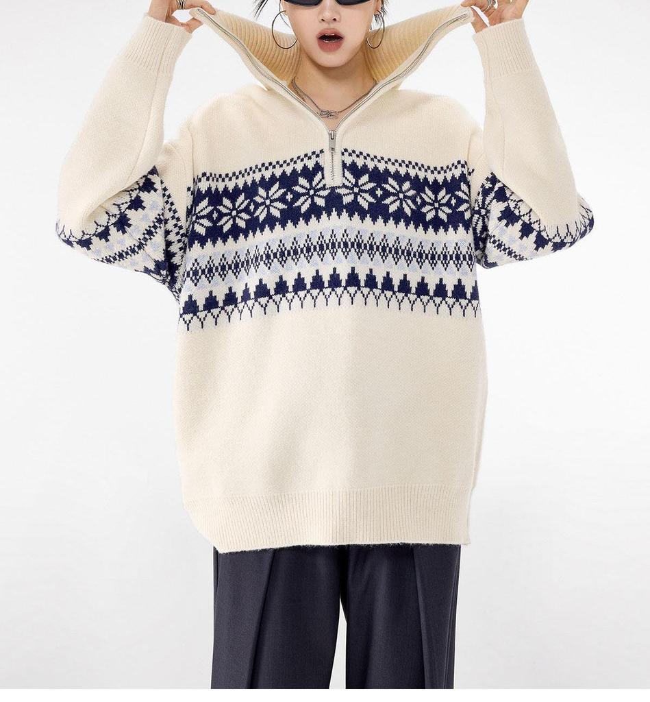 Unisex Röd Retro Fair Isle Halvdragkedja Hög Halsstickad Tröja