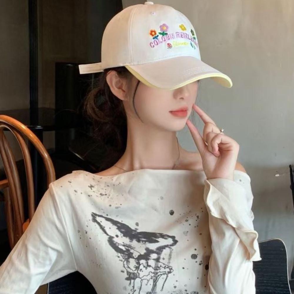Spring Flower Baseball Cap Sweet Letter Embroidery Fashionable Women's Sun Protection Duckbill Cap