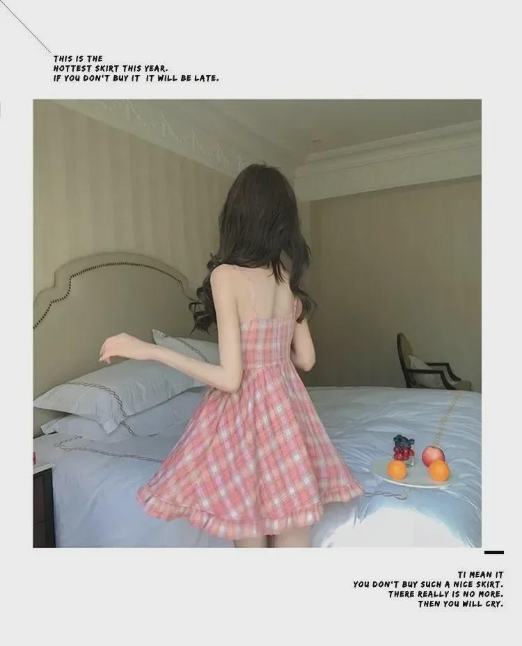 Neues rosa kariertes Sommer-Hosenträgerkleid für Damen – frischer Studentenstil, koreanische Version