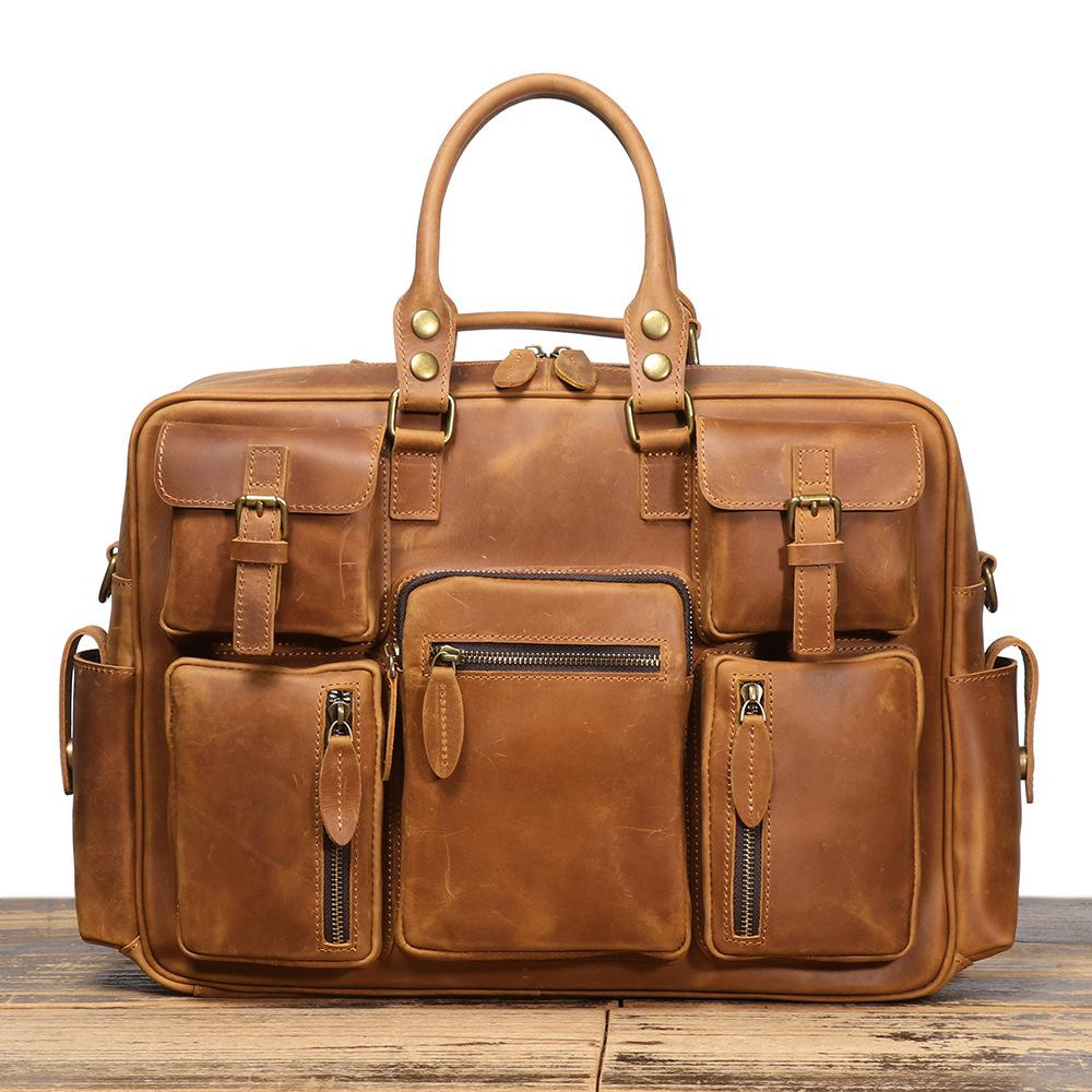 Leather Men S Handheld Briefcase Crazy Horse Leather One Shoulder Crossbody Computer Bag Large Capacity Cowhide Travel Bag