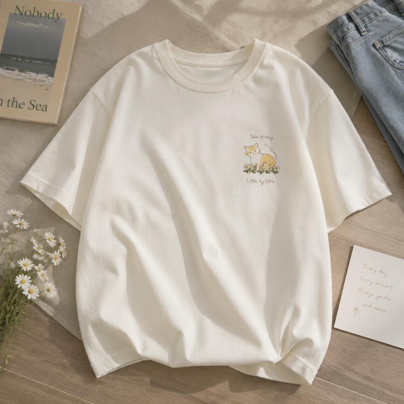 Unisex Korean Style Cat PrintT-Shirt Casual OversizedShort Sleeve Crew Neck Soft Cotton Tee Minimalist Daily StreetwearAesthetic S разноцветный