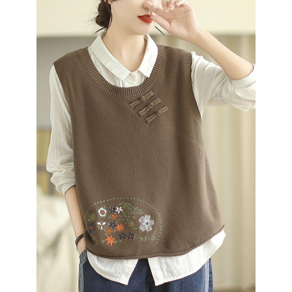 

Женский свитер с круглым вырезом весна-осень без рукавов с вышивкой на пуговицах свободный универсальный трикотажный топ XL темные хаки