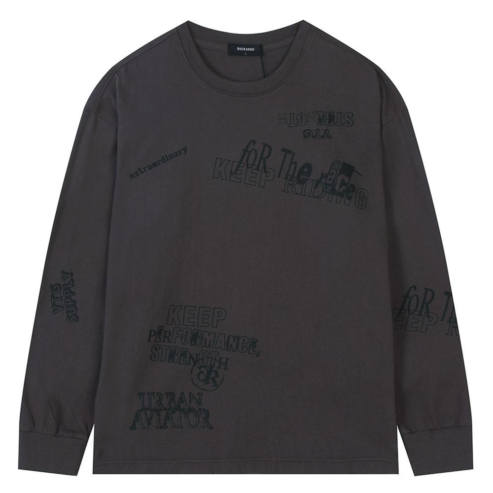 Burkeru 16-Count Single Vintage Lettering Long Sleeve T-Shirt Gray Gray_M