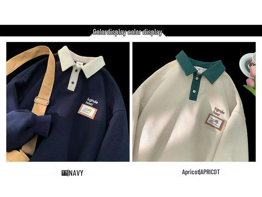 Męska koszulka polo wafelkowa w stylu vintage retro - luźny krój, kołnierzyk z klapami, na wiosnę/jesień, styl unisex