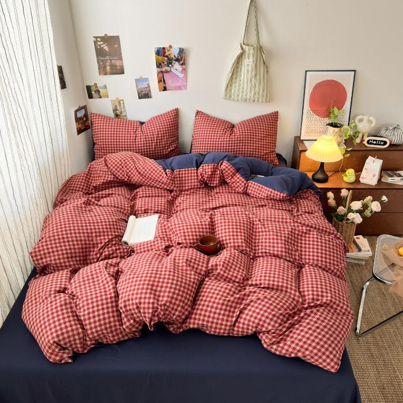

New plaid printing retro cloud double-layer yarn four-piece set, bedding, student dormitory single 3-piece set 1.2m sheet 3pcs