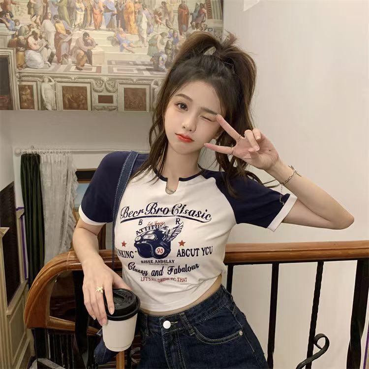 Korean version of the new color-inserted printed short-sleeved T-shirt women's summer V-neck slim-fitting and thin bottoming top women's tide wholesal