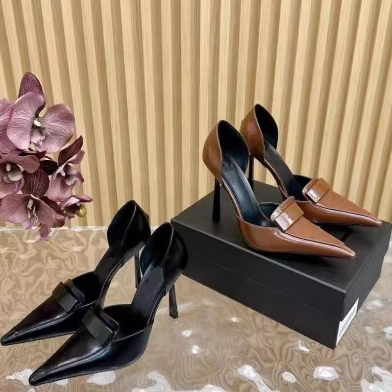 Mode Vente Chaude Printemps 2025 Nouveaux Talons Hauts Femme Sexy Cuir Noir Petite Boucle Carrée Côté Ouvert Élégant Talon Fin Chaussures Simples