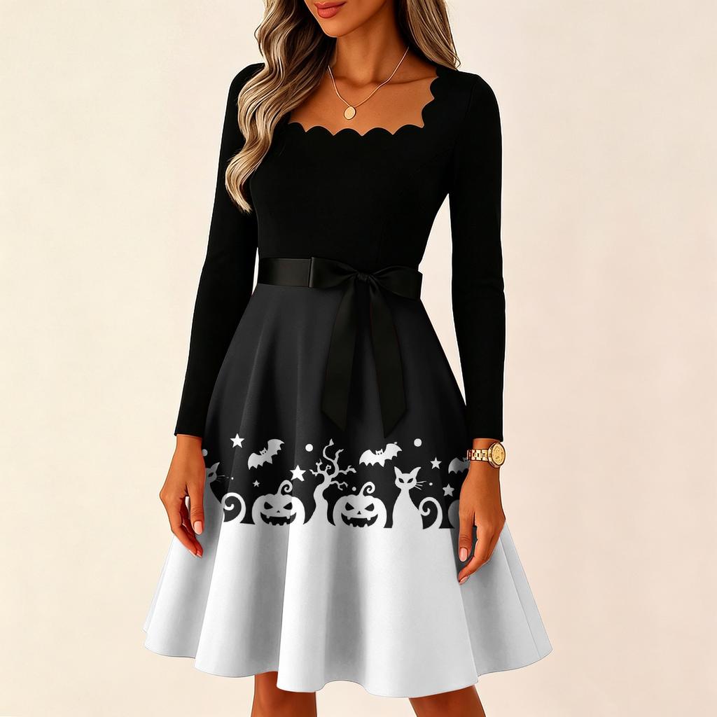 Women's Vintage Long Sleeve Square Neck Halloween Print Party Dress with Waist Tie Belt Retro Style Midi Dress