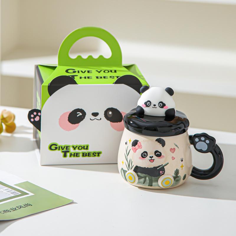 Cartoon Panda Mug with Lid Girl Cute Ceramic Office Home Couple Drinking Water Souvenir Birthday Gift