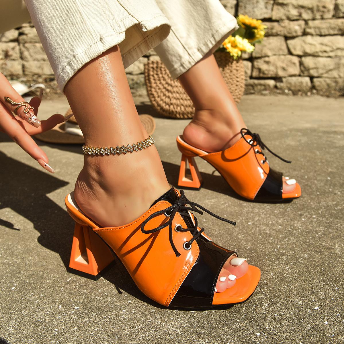 

Square head thick-heeled women s sandals, new open-toed fashion lace-up women s high heels, large-size fashion women s shoes 36