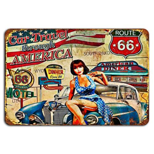 Car Travel Through America Vintage Metal Sign  Retro Road Trip DecorAluminum 20x30cm（7.8x11.8inch）