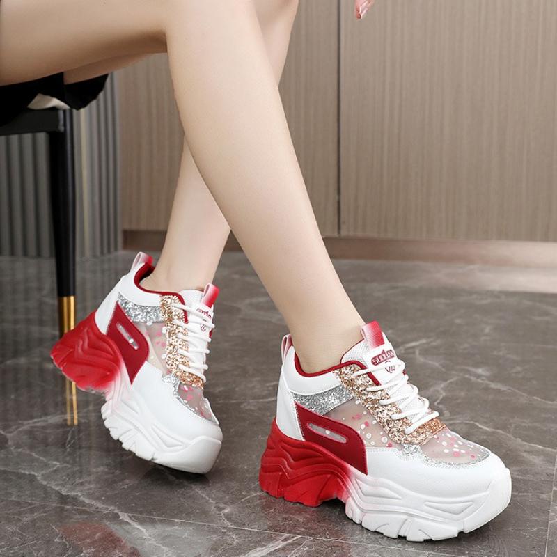 High Quality Women's Platform Shoes Summer Mesh Breathable Casual Shoe 2025 Fashion Sexy Sequin Lace-Up Sneakers Designer Brands