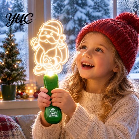 Santa Claus Projection Lamp Christmas Stage Light Toy for Kids, Musical Handheld Glow Stick with Stocking Stuffers Boys Girls Snowman Tree Reindeer