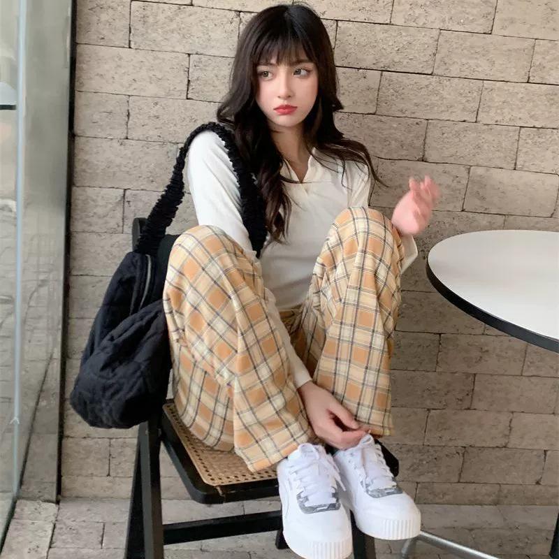 Women's Lambswool Plaid Fleece-Lined High-Waisted Loose Straight-Leg Wide-Leg Pants for Autumn/Winter 2025