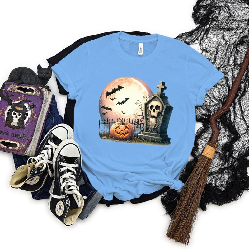 Pumpkin Skeleton Horror Halloween Tshirt Women Spooky Season Shirt Horror Pumpkin Graphic T Shirts Women Skeleton Halloween Top