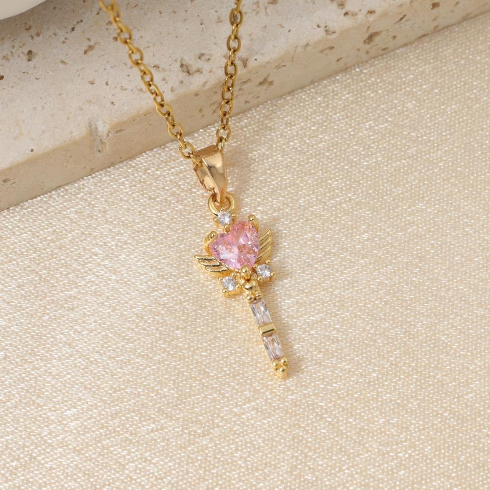 Fashion Pink Heart Magic Wand Pendant Necklace, Cute  Golden Stainless Steel Necklace Jewelry for Women розовый