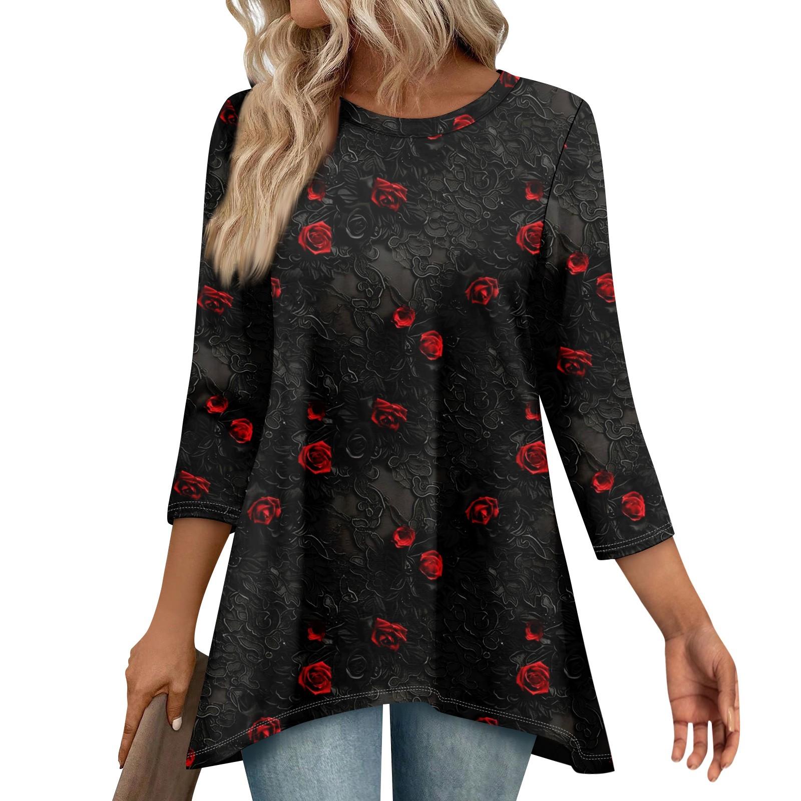 

Туники для женщин Свободного кроя Топы с принтами Рукав 3/4 Женские топы с асимметричным подолом M винный