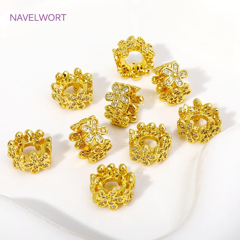 Wholesale 18K Gold Plated Inlaid Zircon Flowers Spacer Beads,Metal Large Hole Beads For DIY Jewelry Making Supplies Accessories
