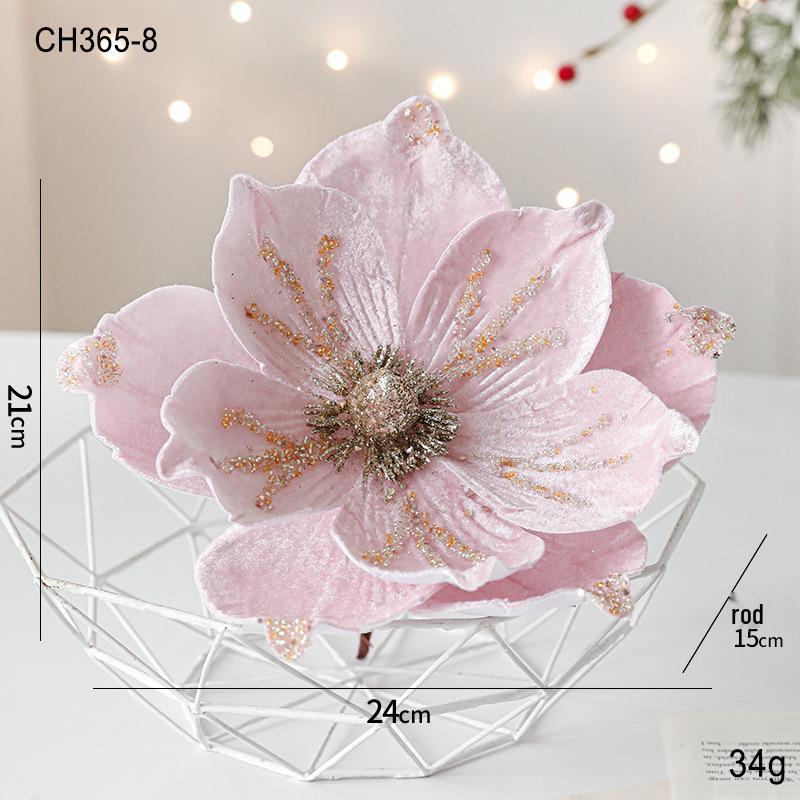 24CM Flocked Magnolia Christmas Flowers: Elegant High-End Fabric Decorations