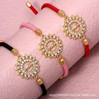 Gold-Plated Virgin Mary Zircon Bracelet with Adjustable Cotton Rope