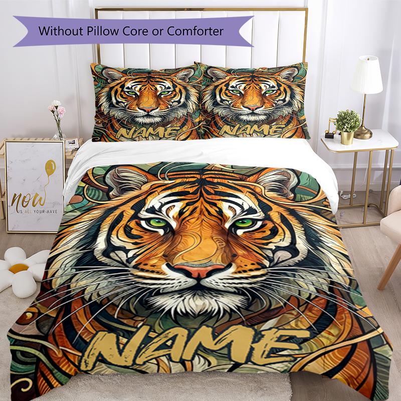 3pcs Custom Name Tiger Bedding Set Duvet Cover Closure Includes 1 Duvet Cover & 2 Pillowcases, Soft and Comfortable for All Seasons.