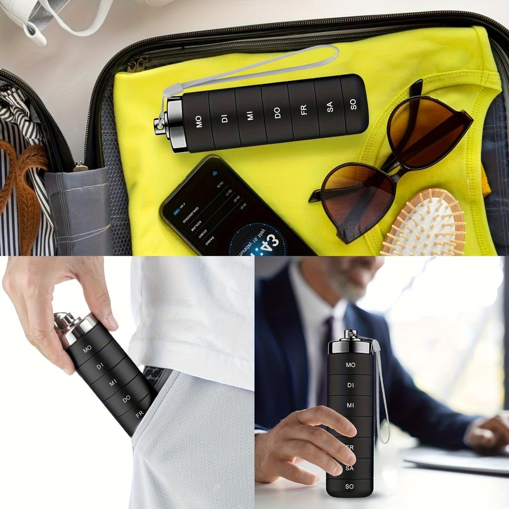 [German printing]Metal Travel Pill Organizer, Portable 7 Day Vitamin Organizer Stackable, Waterproof 1 Times A Day Pill Box