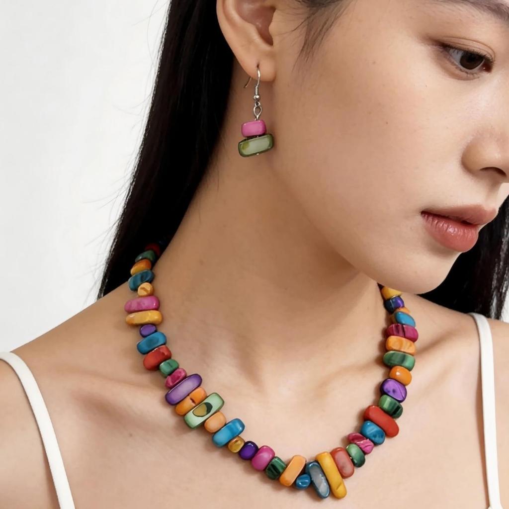 Simple Design Sense Island Style Color Shell Necklace Women'S Vacation Earrings Beach Summer Color Shell Collarbone Chain