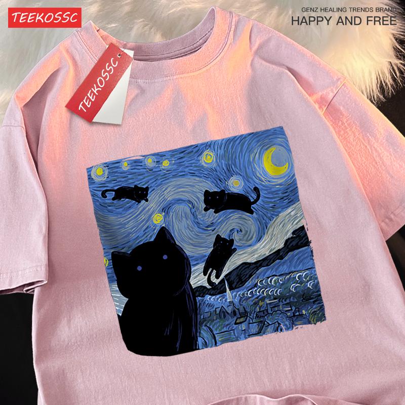 Oil Painting The Starry Cat Night Tshirt Men Women Casual Breathable Summer Tshirts Oversized Loose T Shirt Cotton Clothing