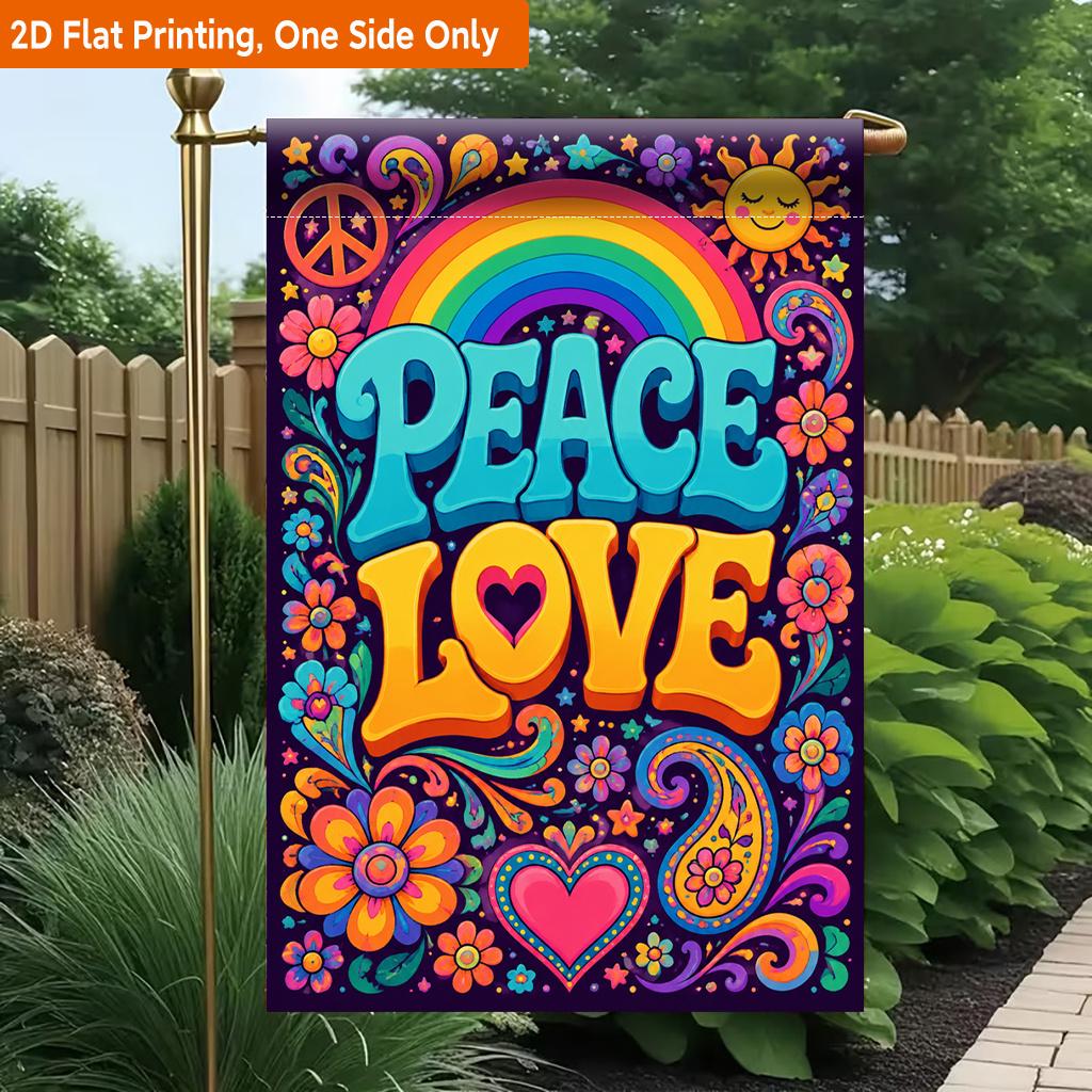 2D Flat, 2D Flat Printing Garden Flag 1pc, Peace Love And Rainbow Durable Single-Sided Print Yard Flag, Garden & Home Holiday Decoration, 29.97x44.96