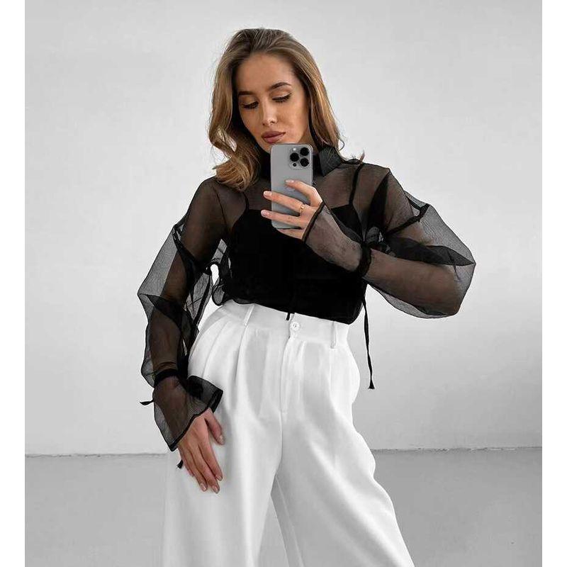 European and American Summer Mesh Sexy Perspective Lapel Drawstring Shirt Mesh Sexy Special Shirt