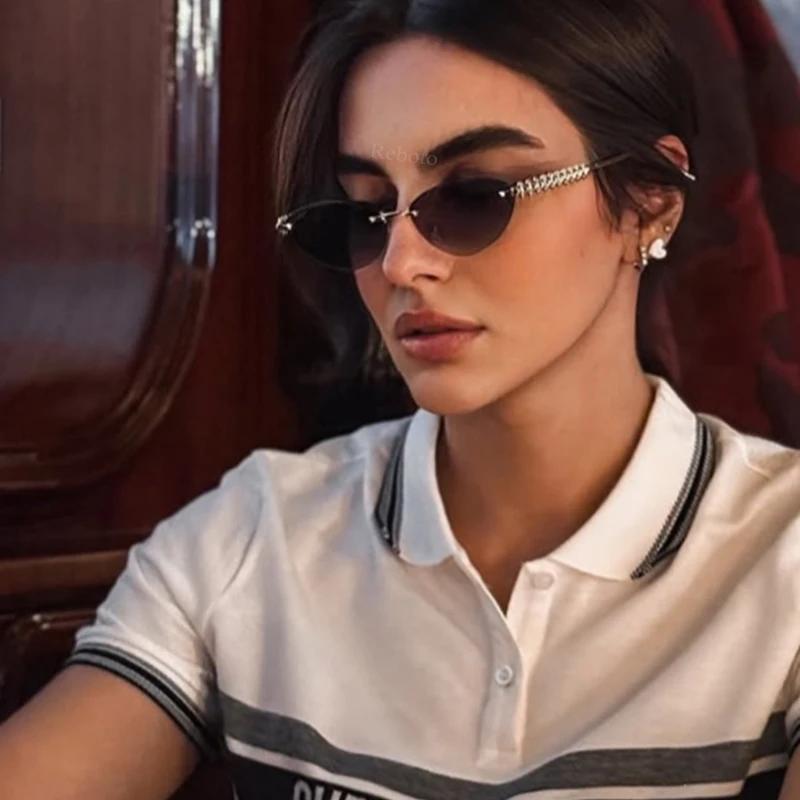 New Cat Eye Rimless Sunglasses Women Luxury Fashion Brand Oval Narrow Sun Glasses Shades Trendy Elegant Unique Eyewear