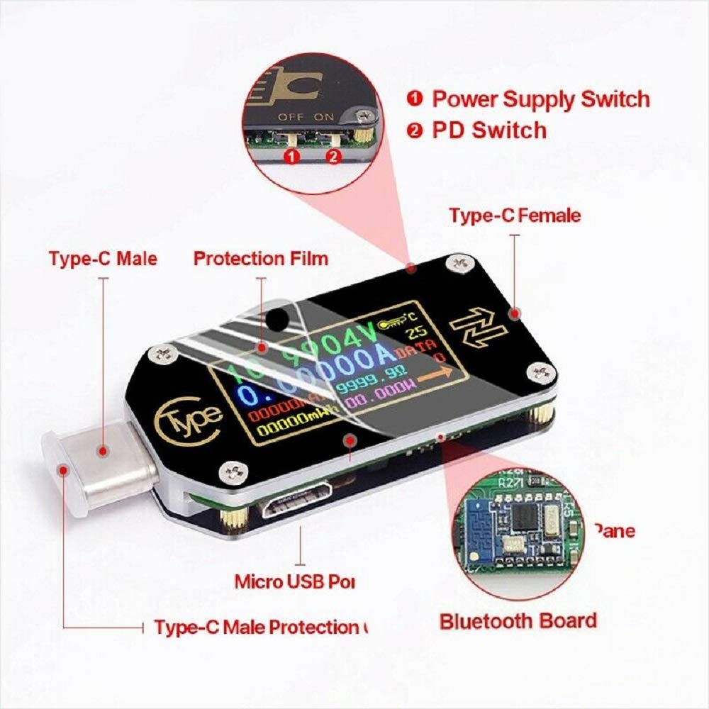 WINGONEER TC66 PD Trigger USB Measurement for USB Black Type-C Voltage/Current Meter/Capacity Meter, 2-Way Charger, APP, PC, Tester,