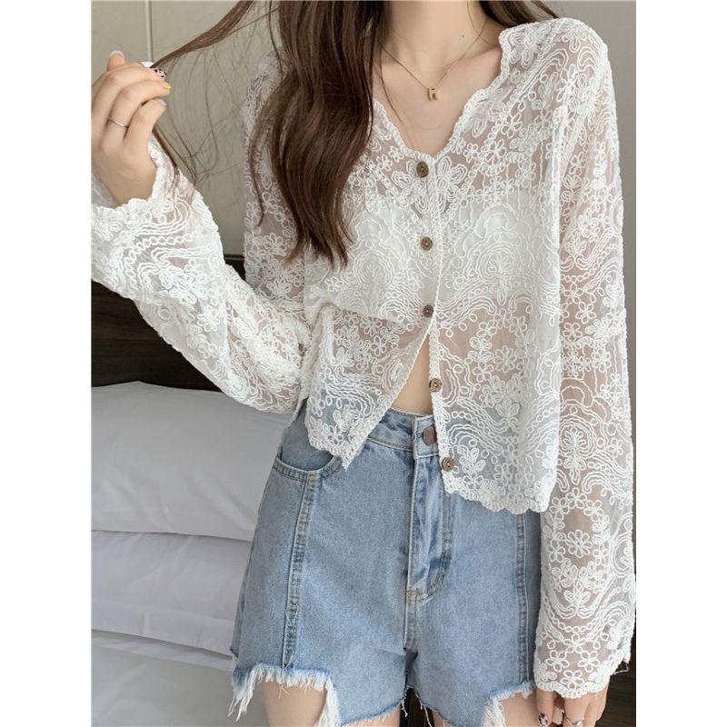 K-style Spring/Summer New Arrival V-neck Single Breasted White See-through Super Fairy Sun Protection Clothing Thin Blouse Lace Shirt Shawl for Women