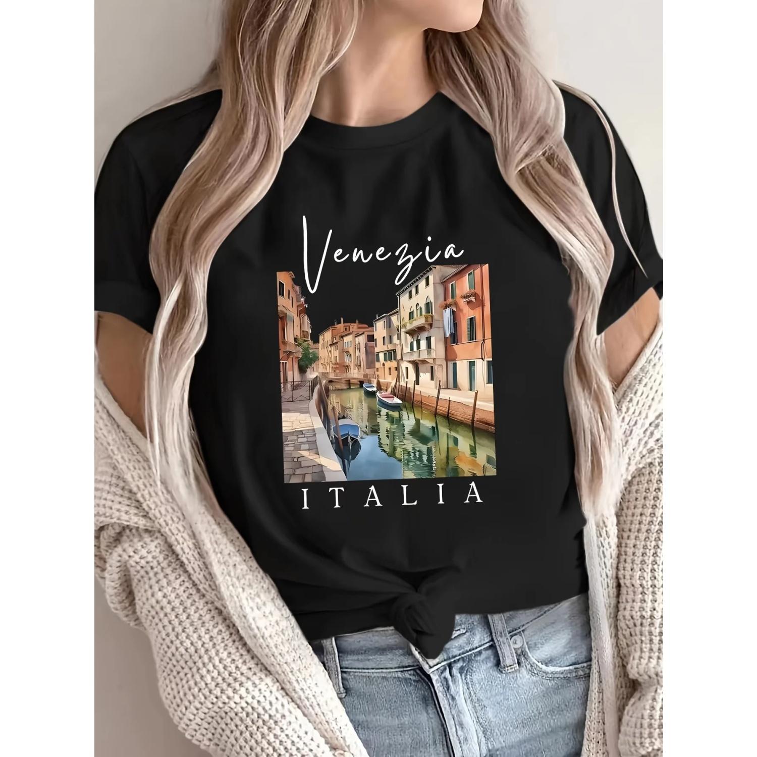 

Женская футболка Venetia Italy с графическим принтом, повседневная, с круглым вырезом, обычной длины, с алфавитным принтом S чёрный