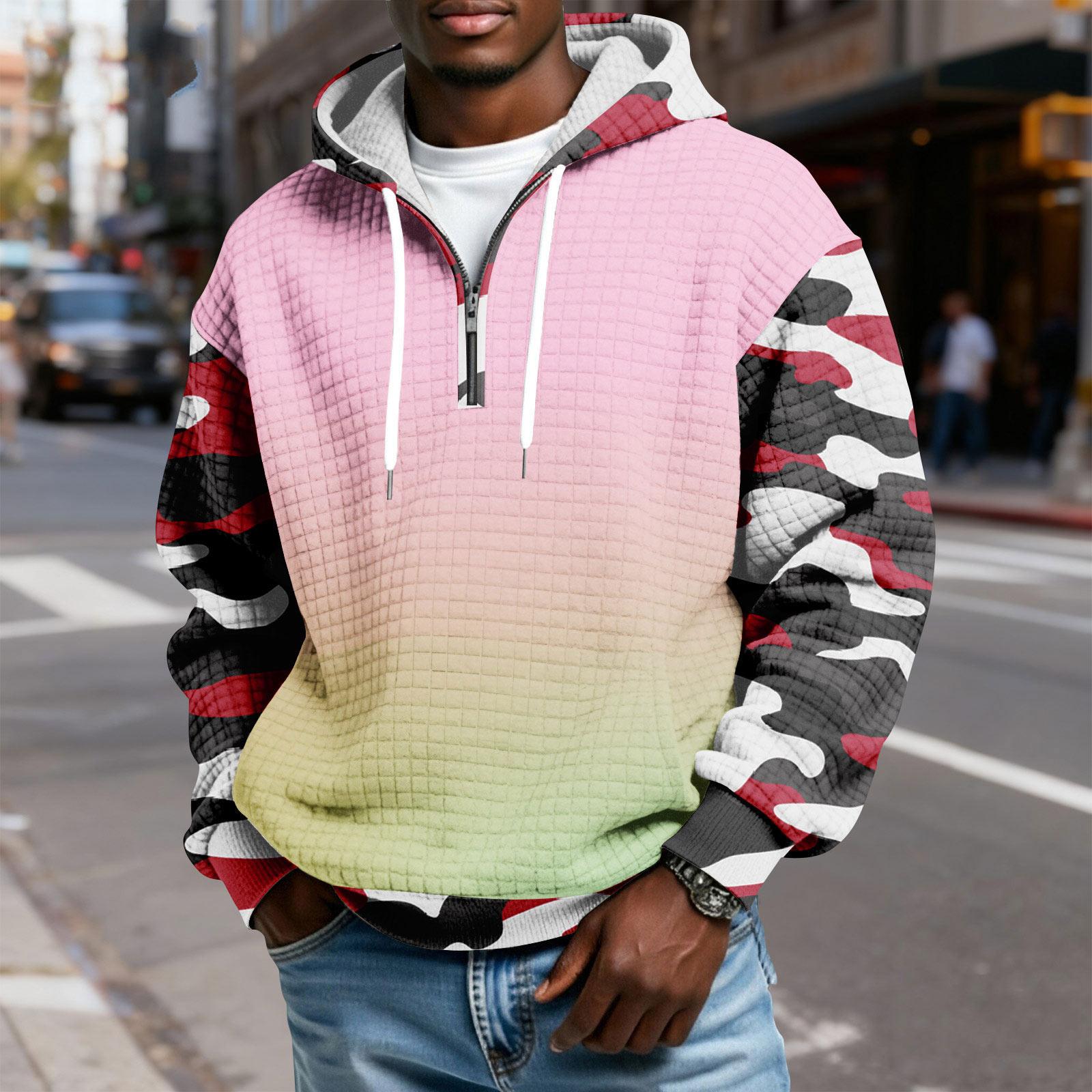 

Men s Half-Zip Hooded Plaid Pullover Drawstring Print Casual Sports Sweatshirt XL