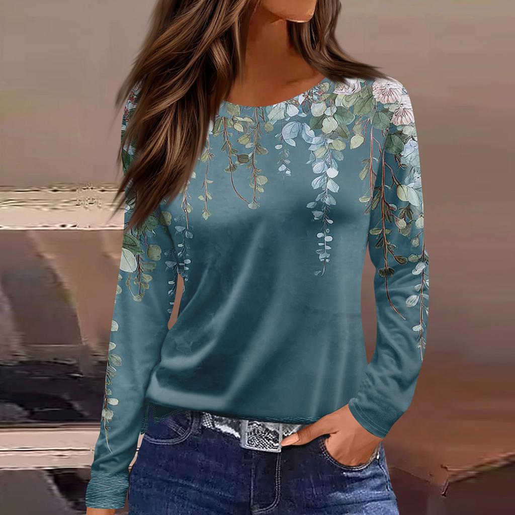 Damenmode Lässig Schlitz Saum Rundhals Langarm Lose Bedrucktes T-Shirt Damen Top