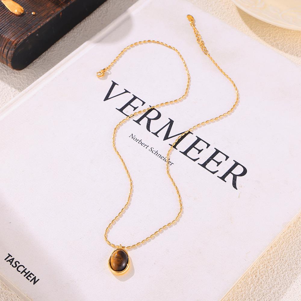 French-Inspired Oval Tiger Eye Pendant Necklace - 18K Gold-Plated Titanium Steel