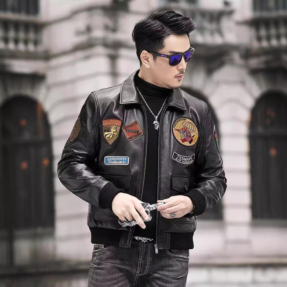 New Genuine Leather Jacket Men's Short Top Layer Goat Leather Spring and Autumn Lapel Leather Jacket Motorcycle Jacket