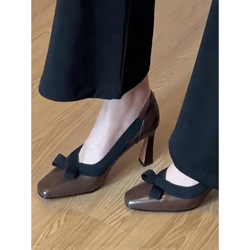 Bow square head shallow mouth single shoes women's autumn autumn versatile not tired feet stiletto high heels